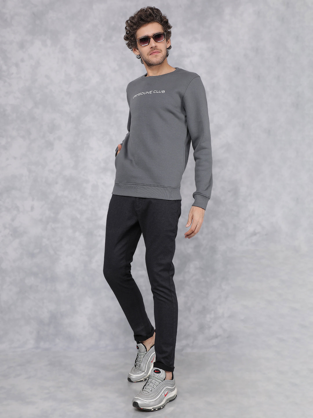Grey Typographic Print Sweatshirt-Men Sweatshirts-Crimsoune Club