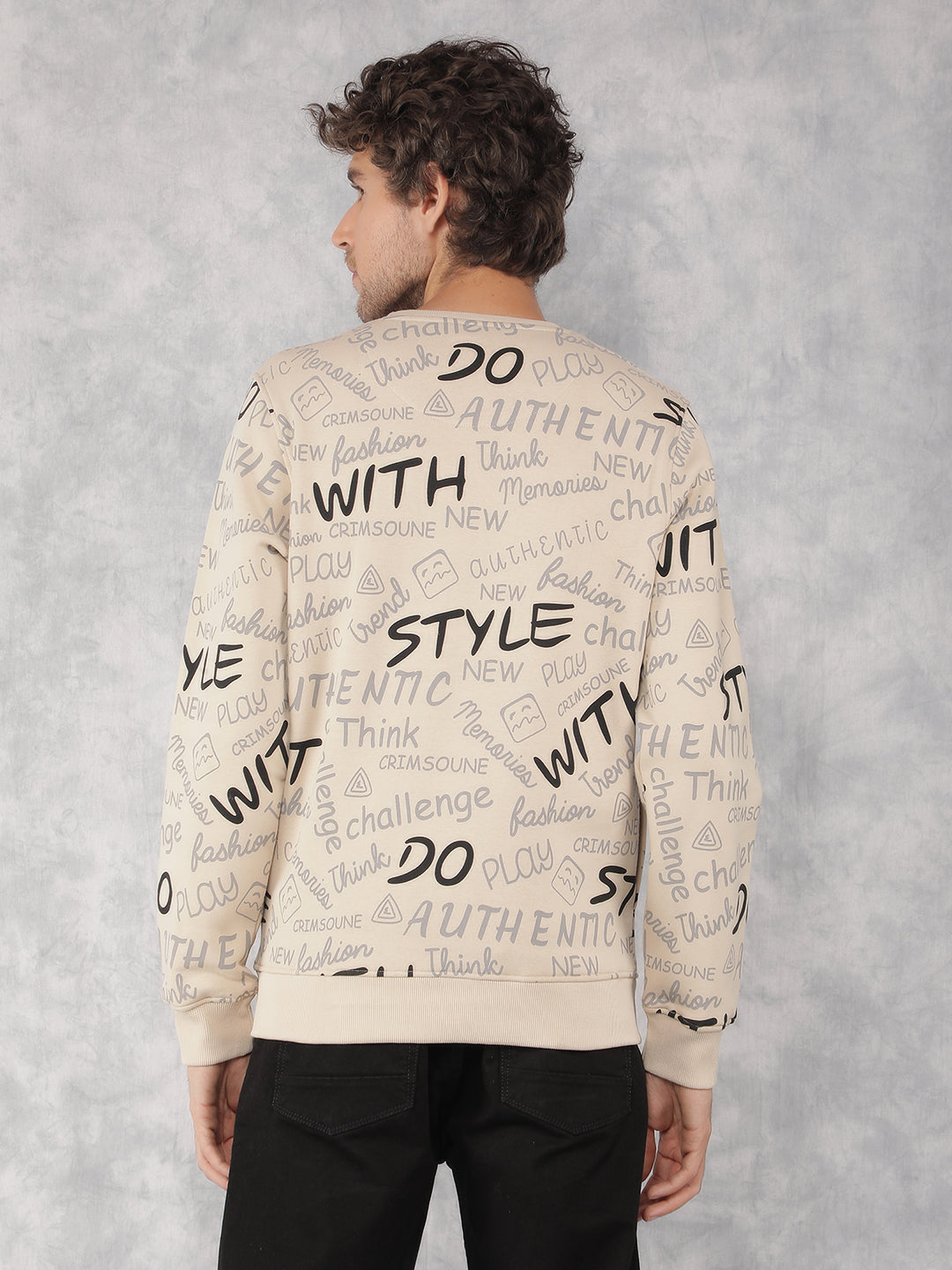 Beige Typographic Print Sweatshirt-Men Sweatshirts-Crimsoune Club