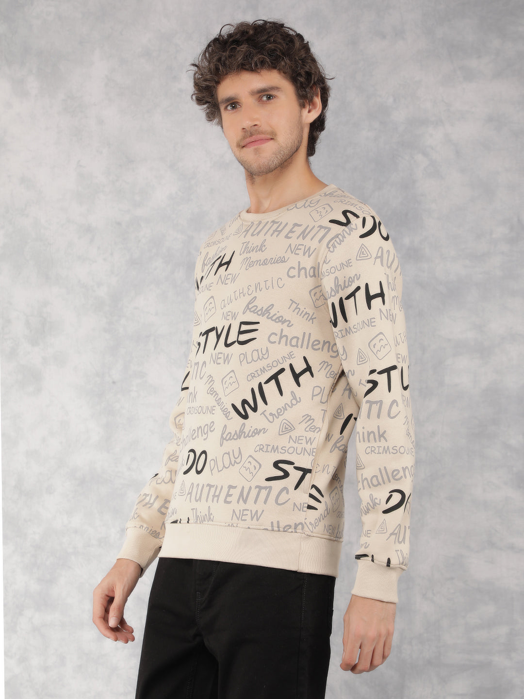 Beige Typographic Print Sweatshirt-Men Sweatshirts-Crimsoune Club