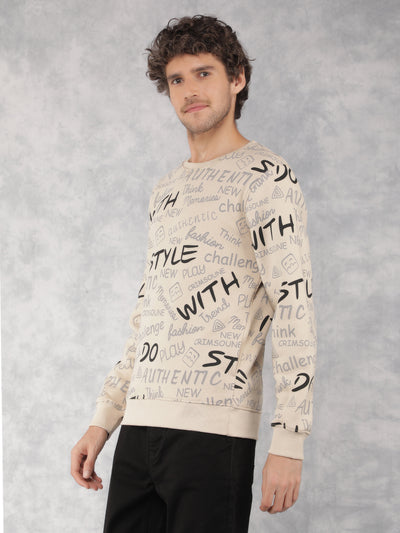 Beige Typographic Print Sweatshirt-Men Sweatshirts-Crimsoune Club