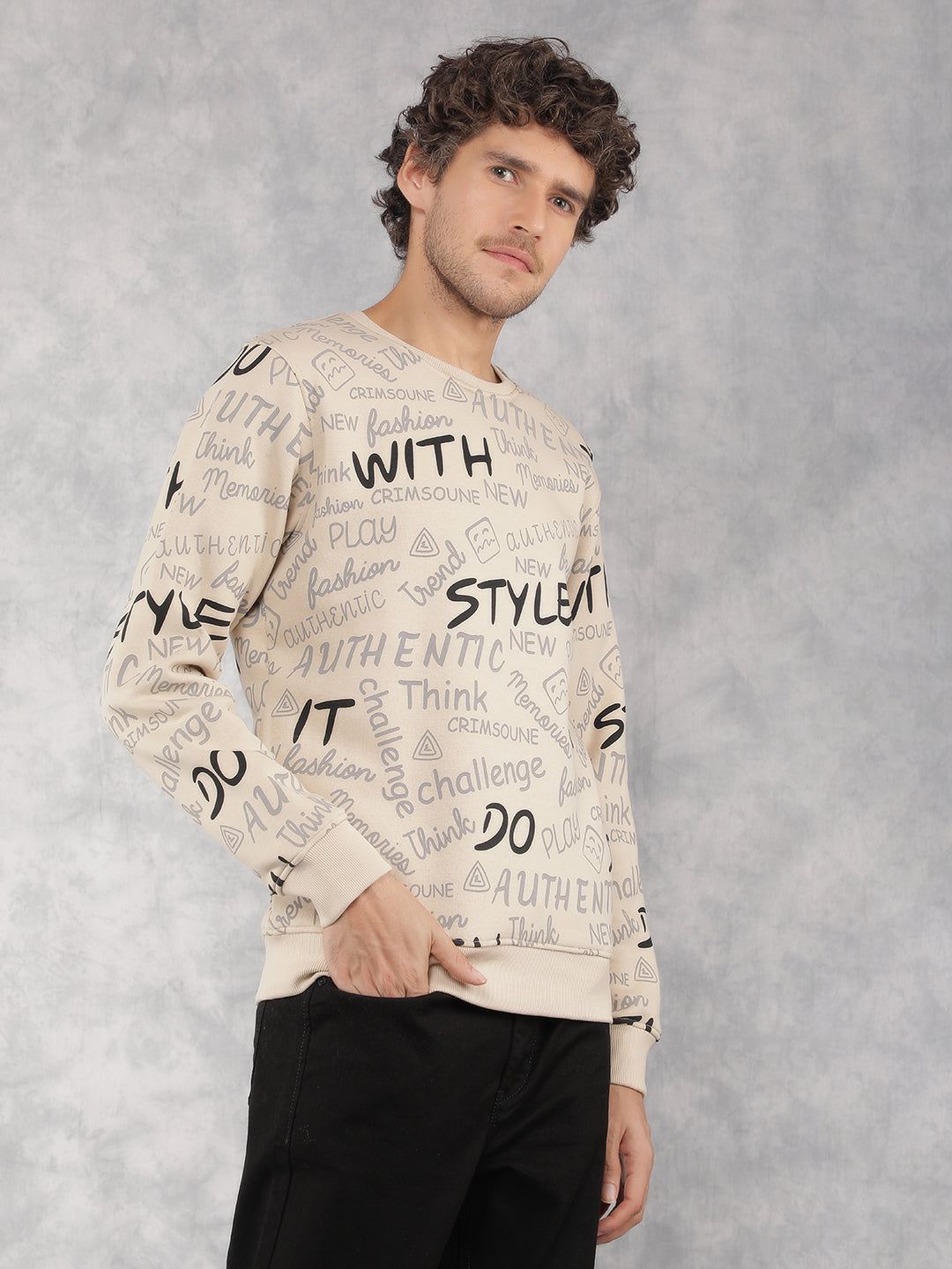 Beige Typographic Print Sweatshirt-Men Sweatshirts-Crimsoune Club