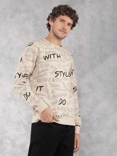 Beige Typographic Print Sweatshirt-Men Sweatshirts-Crimsoune Club