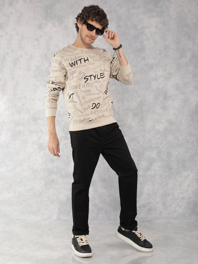 Beige Typographic Print Sweatshirt-Men Sweatshirts-Crimsoune Club