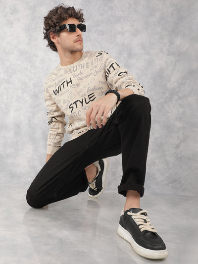 Beige Typographic Print Sweatshirt-Men Sweatshirts-Crimsoune Club