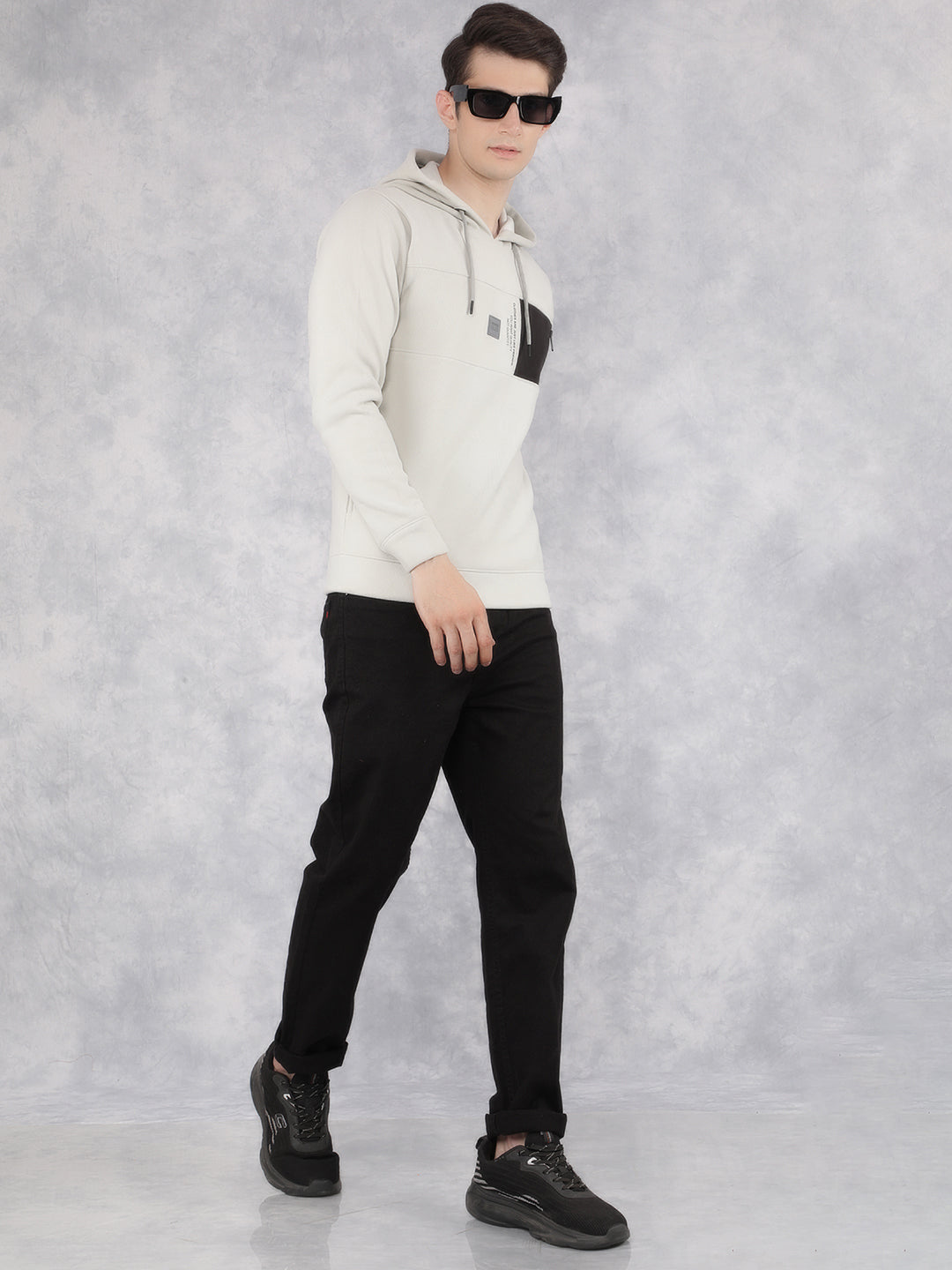 Grey Color-Blocked Hooded Neck Sweatshirt-Men Sweatshirts-Crimsoune Club