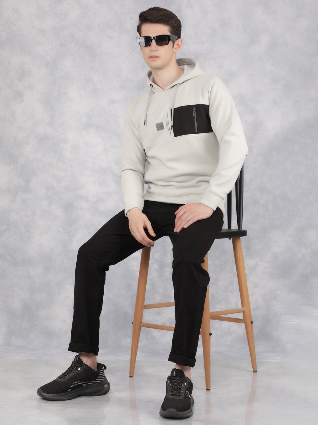 Grey Color-Blocked Hooded Neck Sweatshirt-Men Sweatshirts-Crimsoune Club