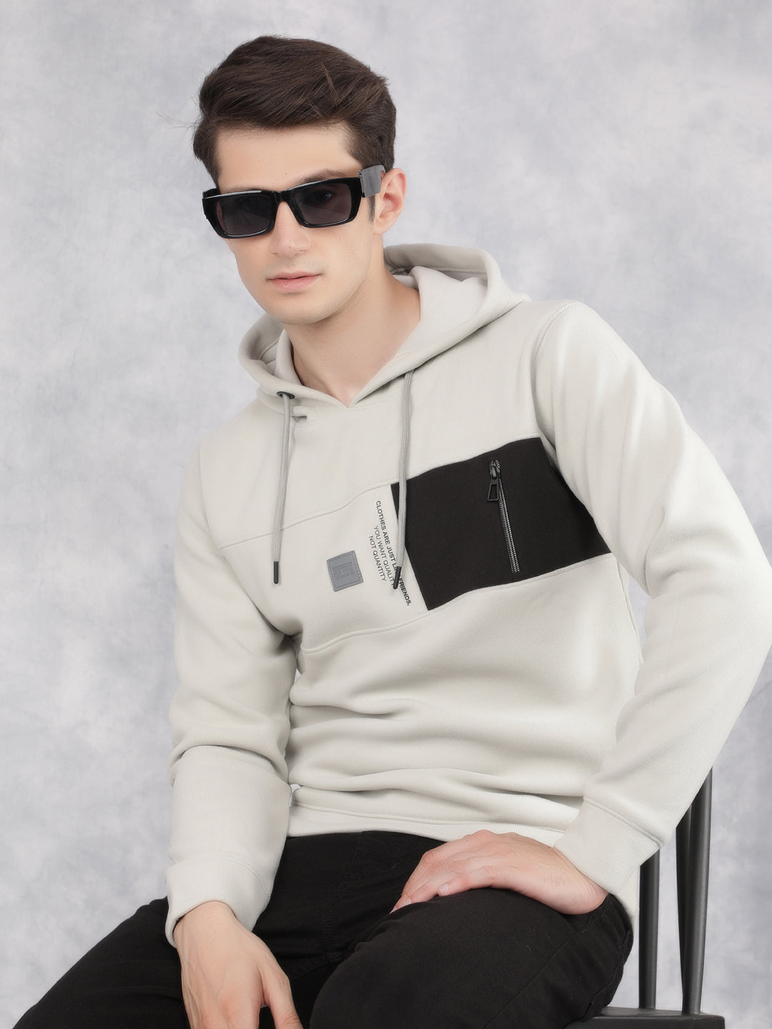 Grey Color-Blocked Hooded Neck Sweatshirt-Men Sweatshirts-Crimsoune Club