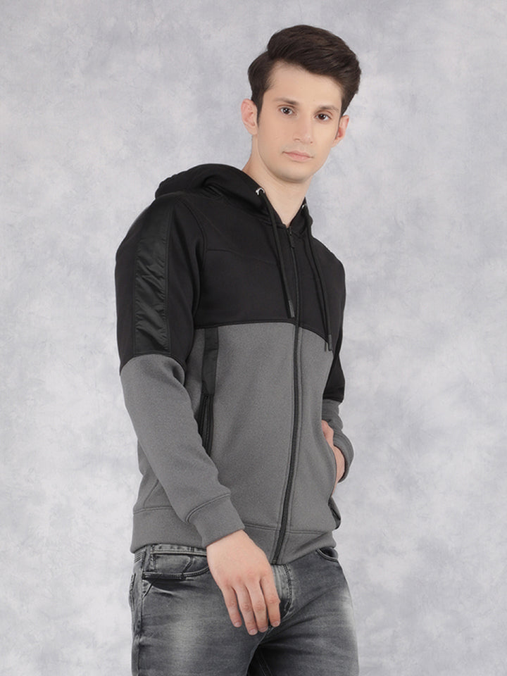 Black Color-Blocked Hooded Neck Sweatshirt-Men Sweatshirts-Crimsoune Club