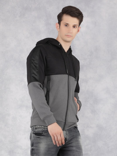 Black Color-Blocked Hooded Neck Sweatshirt-Men Sweatshirts-Crimsoune Club