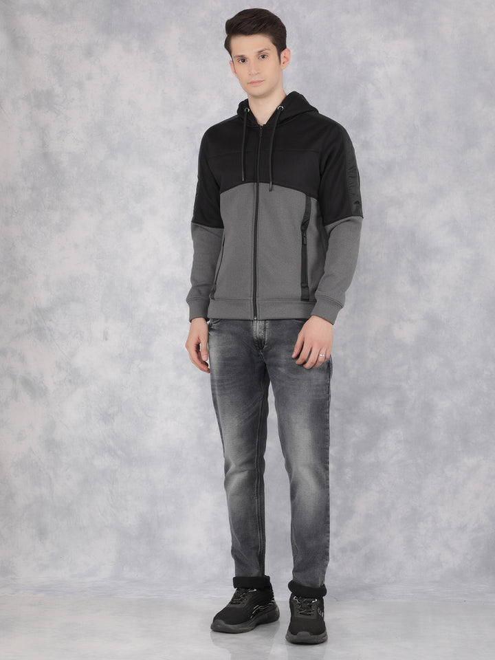 Black Color-Blocked Hooded Neck Sweatshirt-Men Sweatshirts-Crimsoune Club