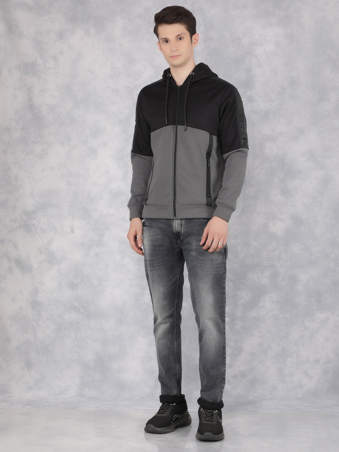 Black Color-Blocked Hooded Neck Sweatshirt-Men Sweatshirts-Crimsoune Club