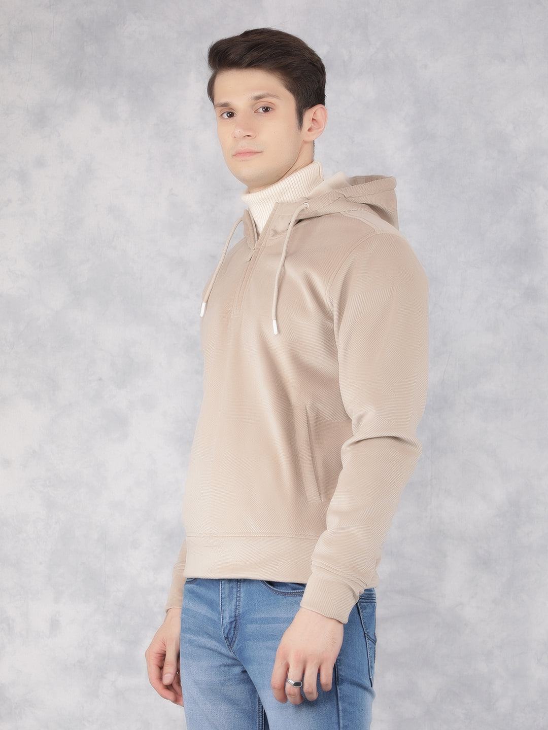 Beige Knitted Hooded Neck Sweatshirt-Men Sweatshirts-Crimsoune Club