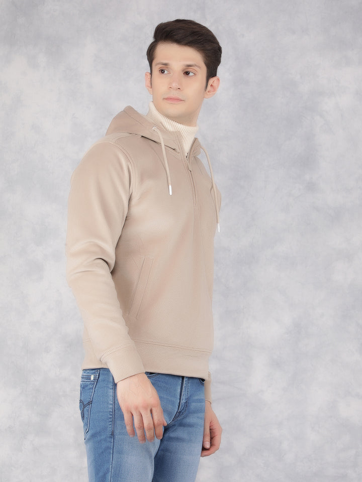 Beige Knitted Hooded Neck Sweatshirt-Men Sweatshirts-Crimsoune Club