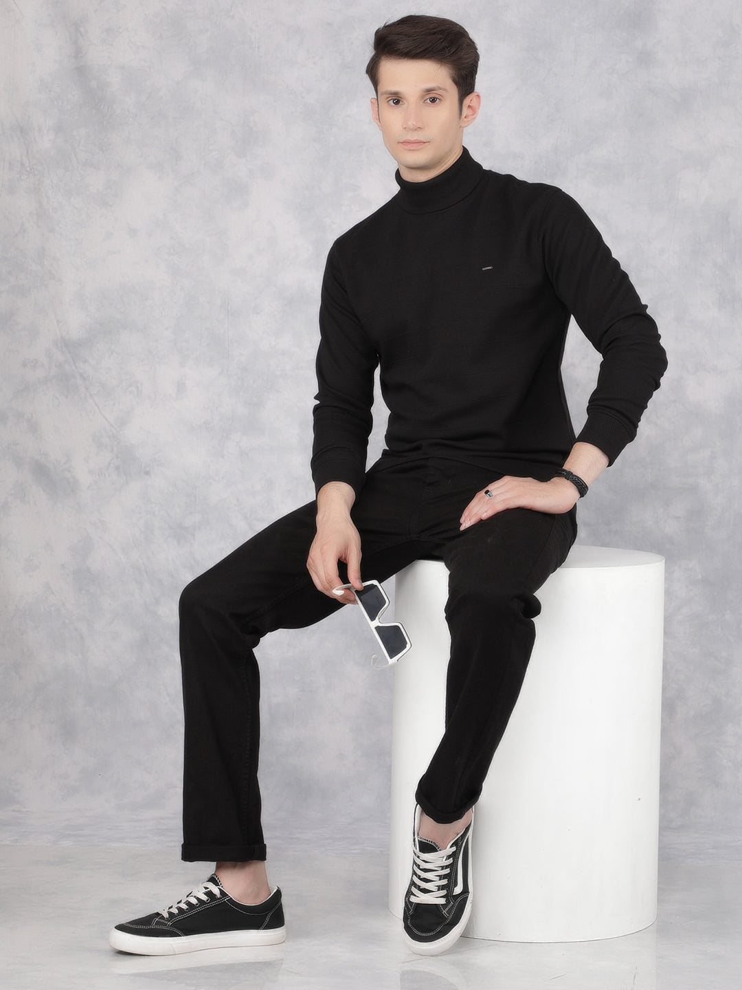 Black Jacquard Turtle Neck Sweatshirt-Men Sweatshirts-Crimsoune Club