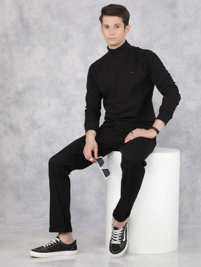 Black Jacquard Turtle Neck Sweatshirt-Men Sweatshirts-Crimsoune Club