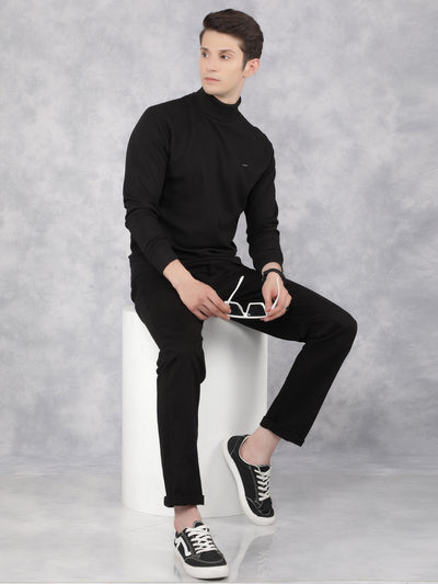 Black Jacquard Turtle Neck Sweatshirt-Men Sweatshirts-Crimsoune Club