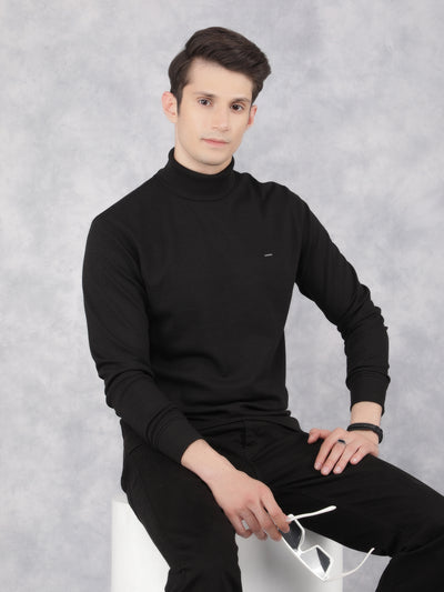 Black Jacquard Turtle Neck Sweatshirt-Men Sweatshirts-Crimsoune Club