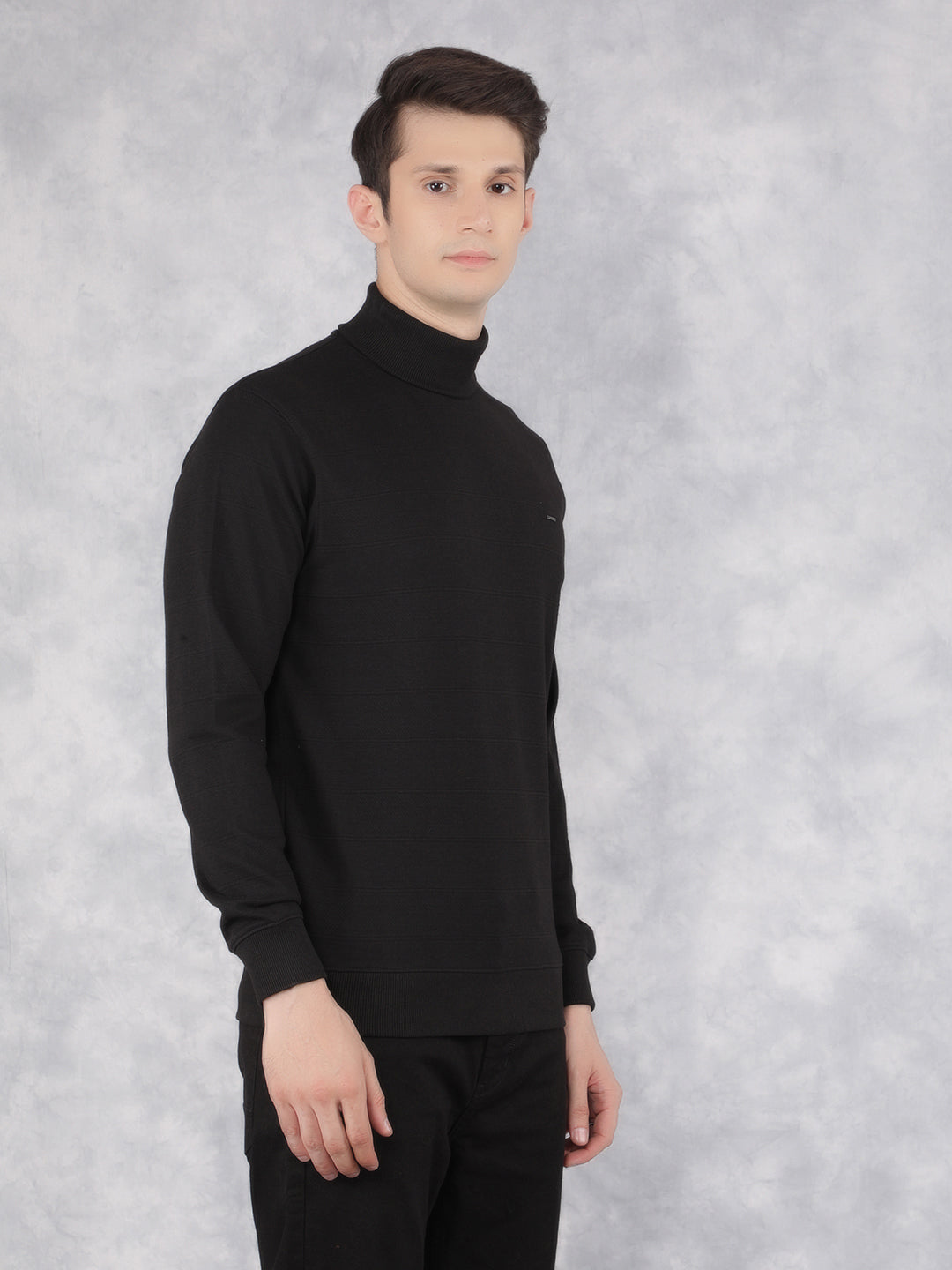 Black Jacquard Turtle Neck Sweatshirt-Men Sweatshirts-Crimsoune Club