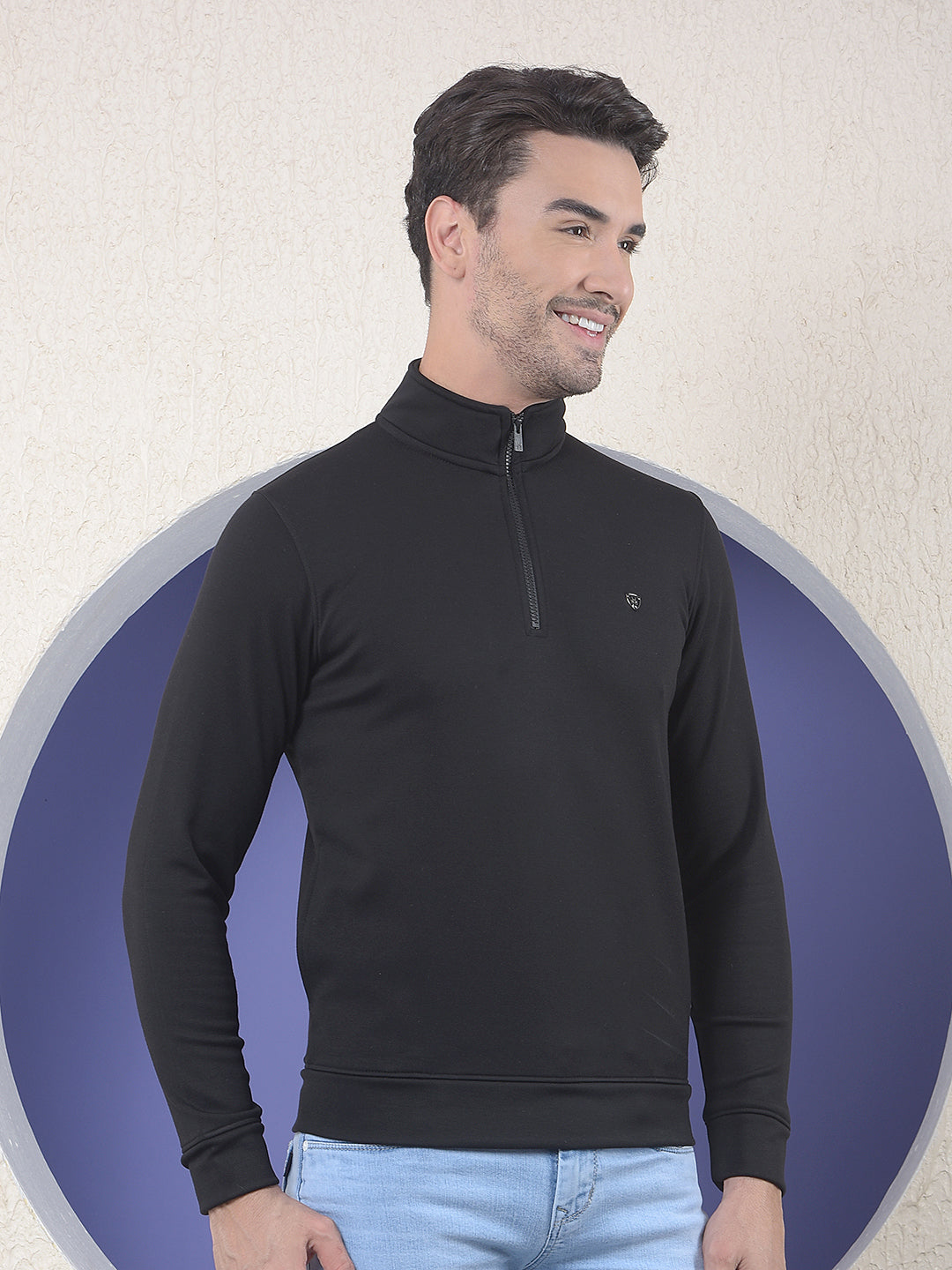 Black Half-Zip High-Neck Sweatshirt-Men Sweatshirts-Crimsoune Club