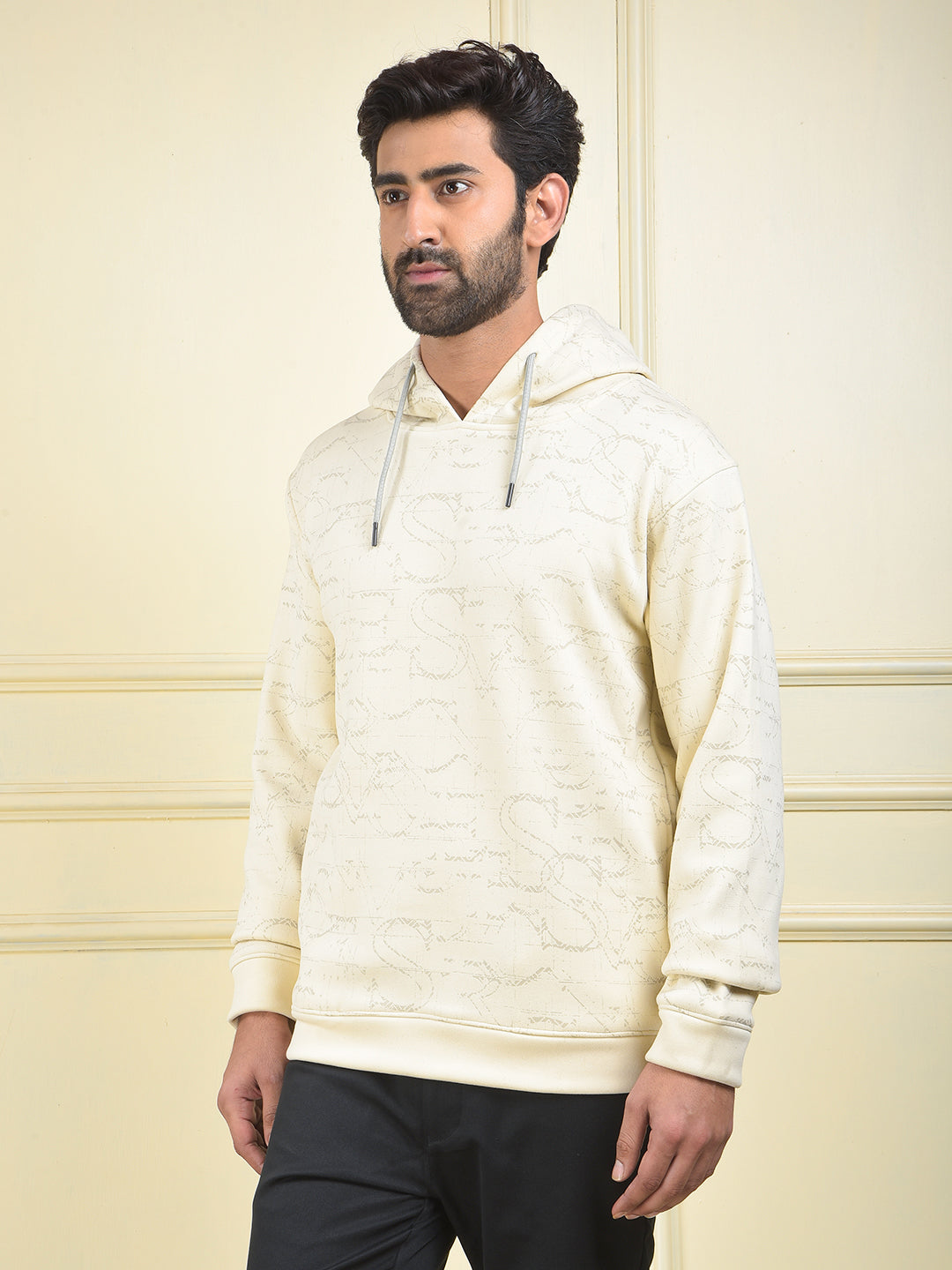 Cream Printed Hooded Neck Sweatshirt-Men Sweatshirts-Crimsoune Club