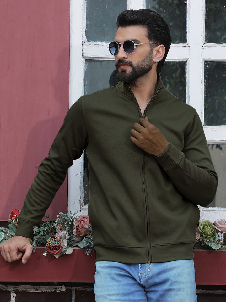 Olive Front Open Sweatshirt-Men Sweatshirts-Crimsoune Club