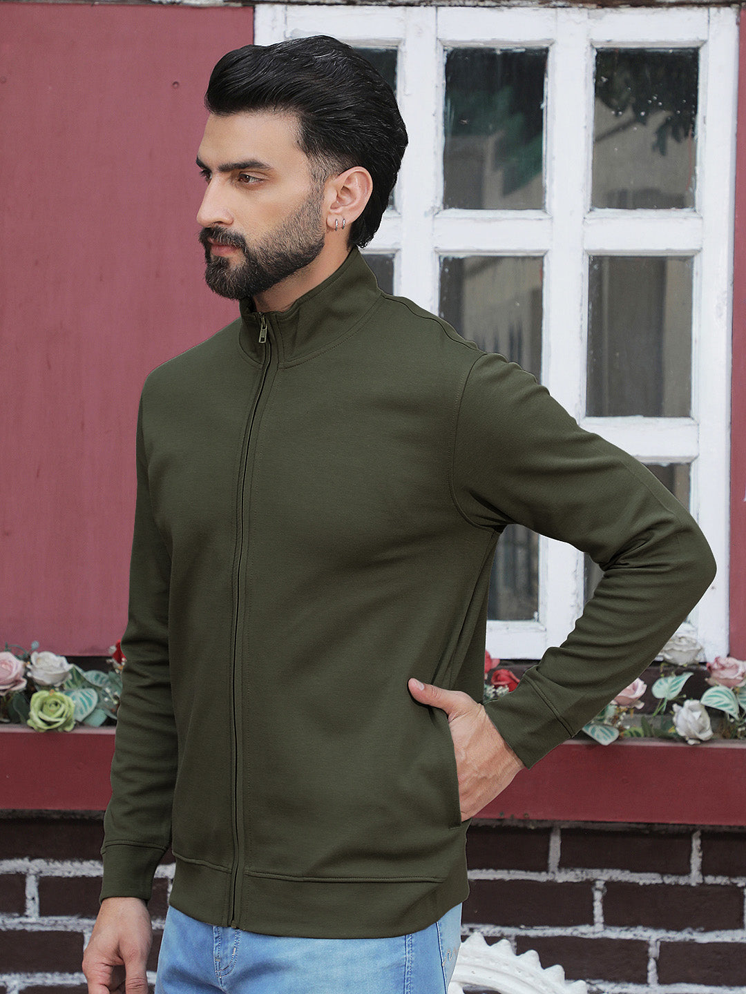 Olive Front Open Sweatshirt-Men Sweatshirts-Crimsoune Club