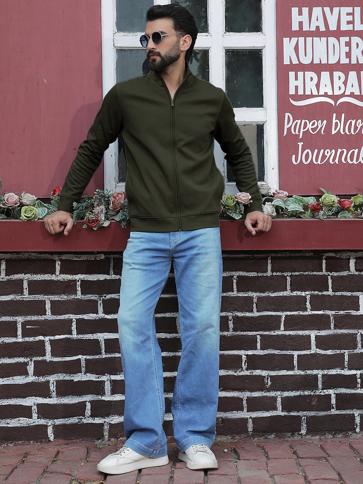 Olive Front Open Sweatshirt-Men Sweatshirts-Crimsoune Club