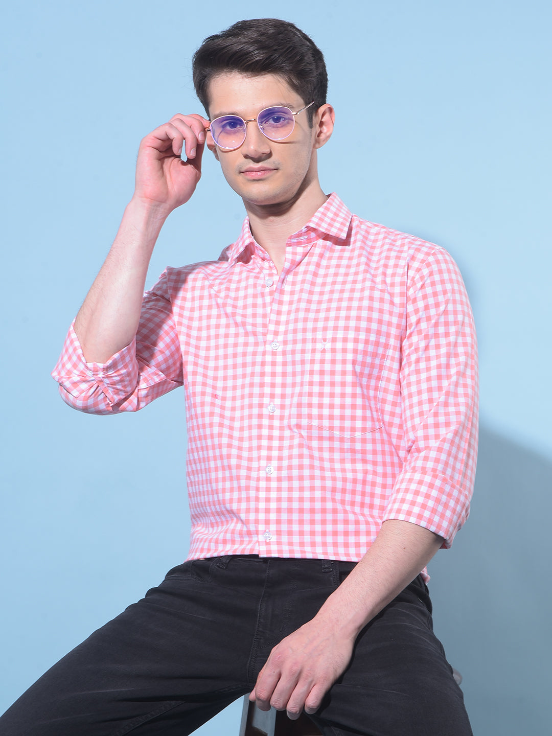 Peach Tartan Check 100% Cotton Shirt-Men Shirts-Crimsoune Club