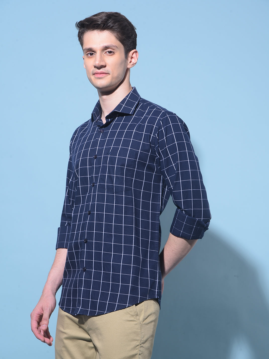 Navy Blue Checked 100% Cotton Shirt-Men Shirts-Crimsoune Club