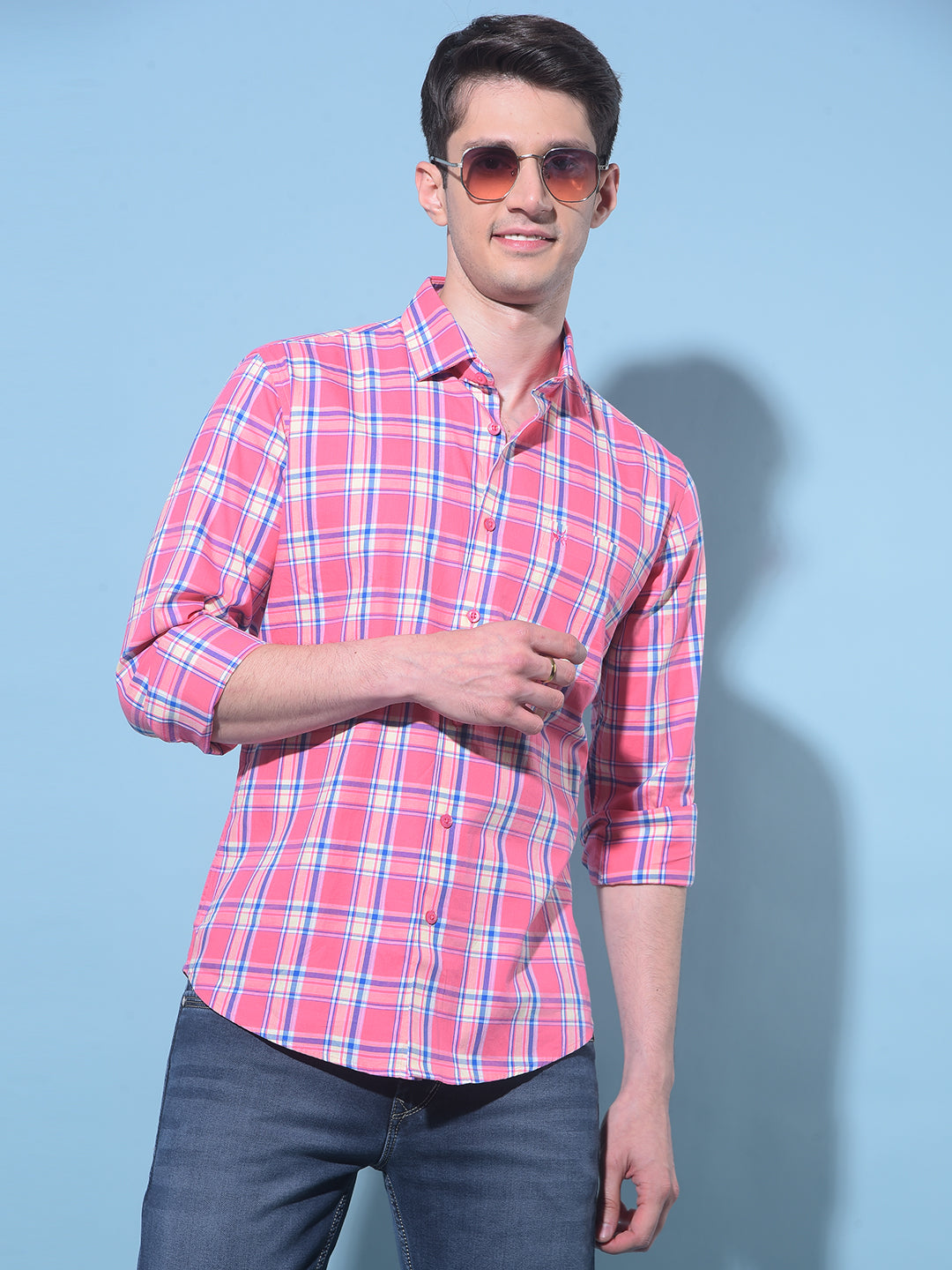 Pink Tartan Check 100% Cotton Shirt-Men Shirts-Crimsoune Club