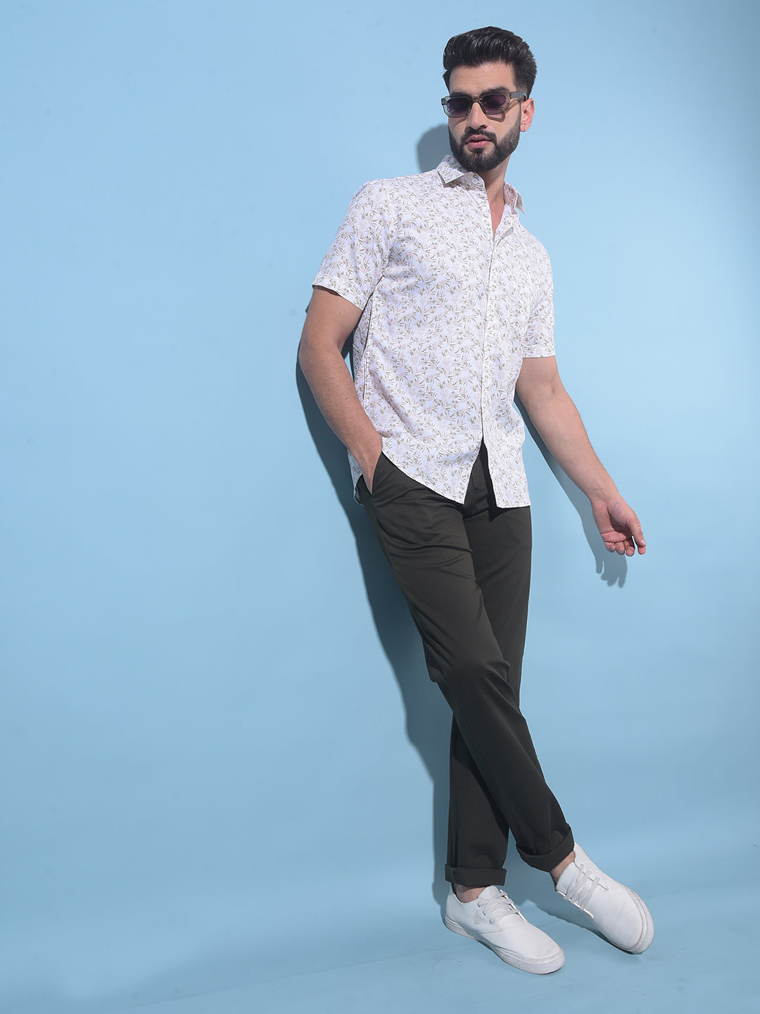 Beige Floral Printed 100% Cotton Shirt-Men Shirts-Crimsoune Club