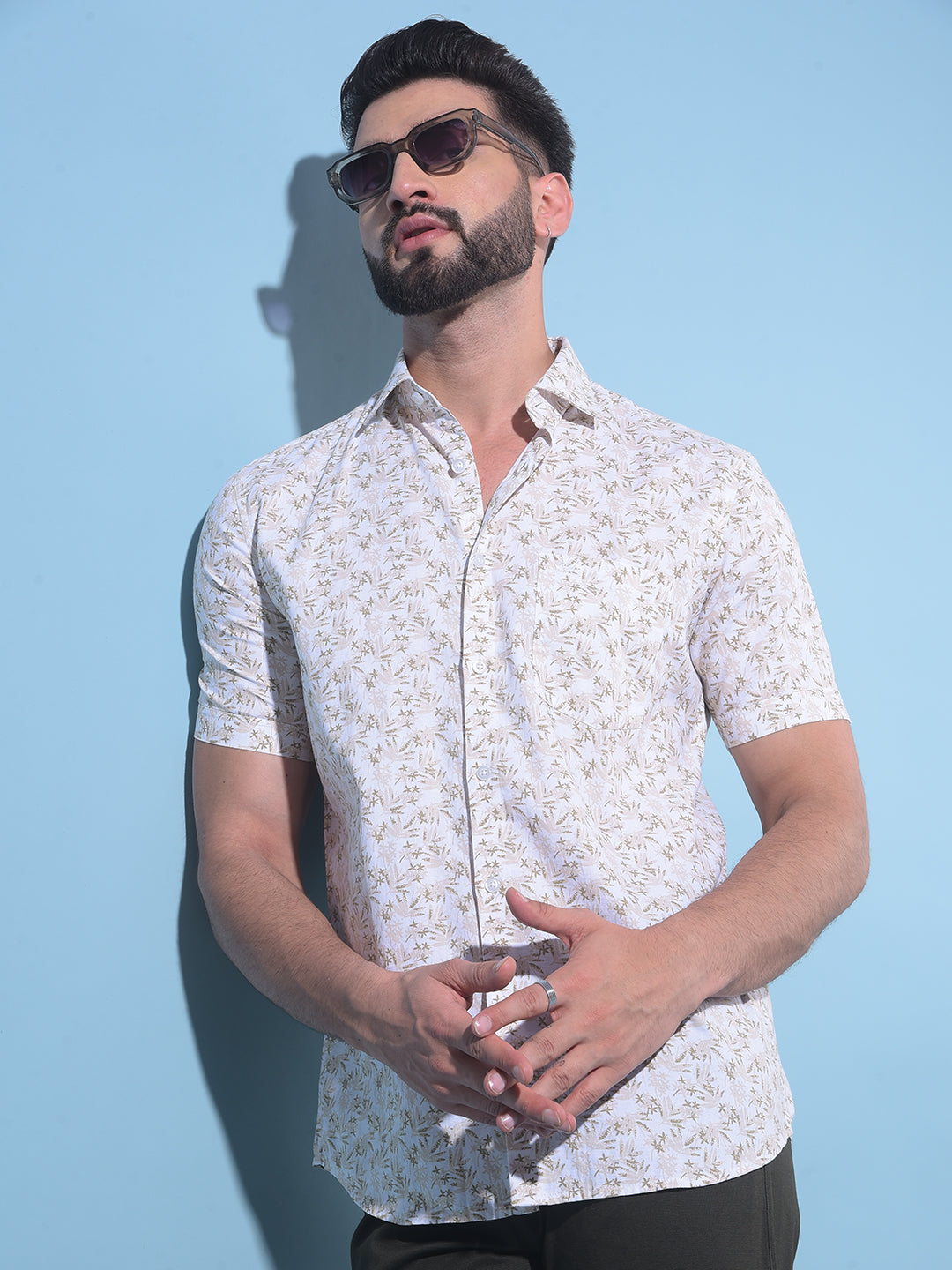 Beige Floral Printed 100% Cotton Shirt-Men Shirts-Crimsoune Club