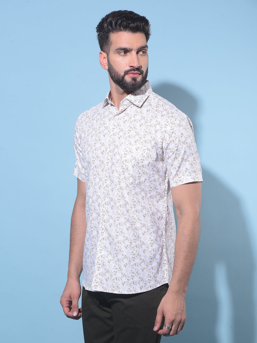 Beige Floral Printed 100% Cotton Shirt-Men Shirts-Crimsoune Club