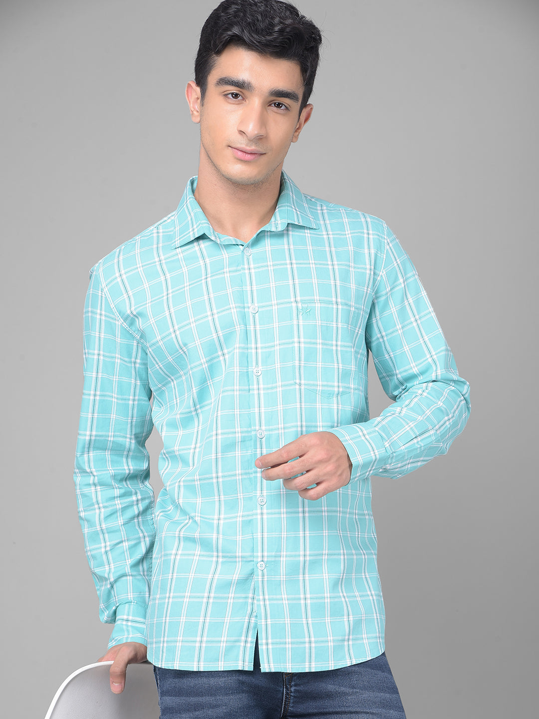 Mint-Green Checked Shirt-Men Shirts-Crimsoune Club