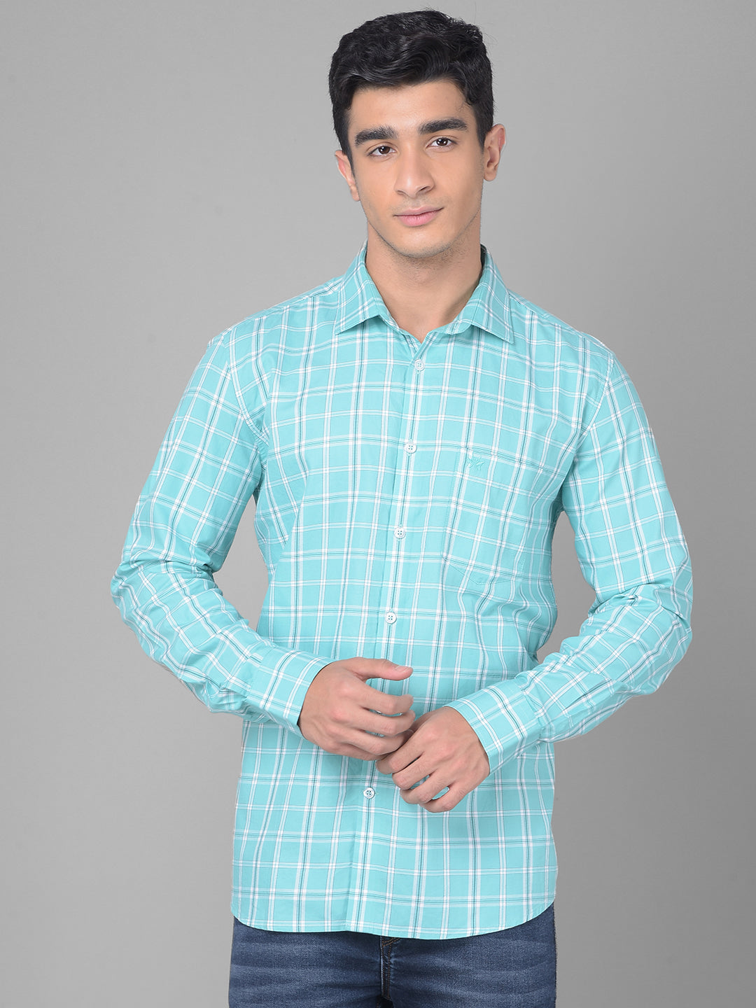 Mint-Green Checked Shirt-Men Shirts-Crimsoune Club