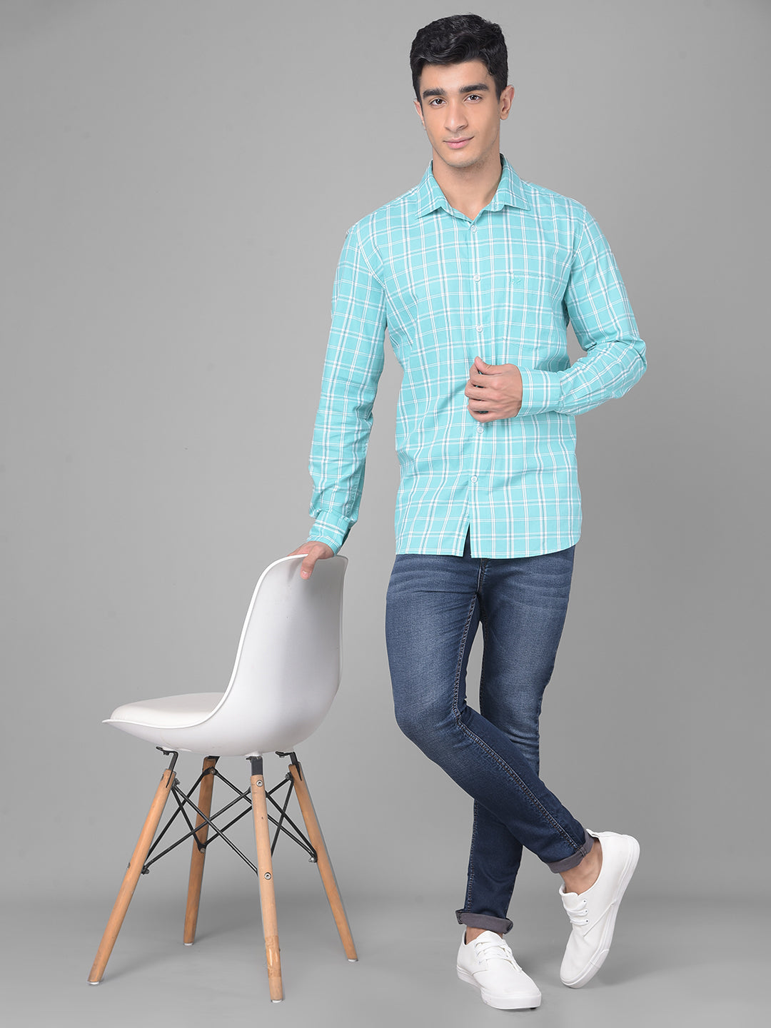 Mint-Green Checked Shirt-Men Shirts-Crimsoune Club