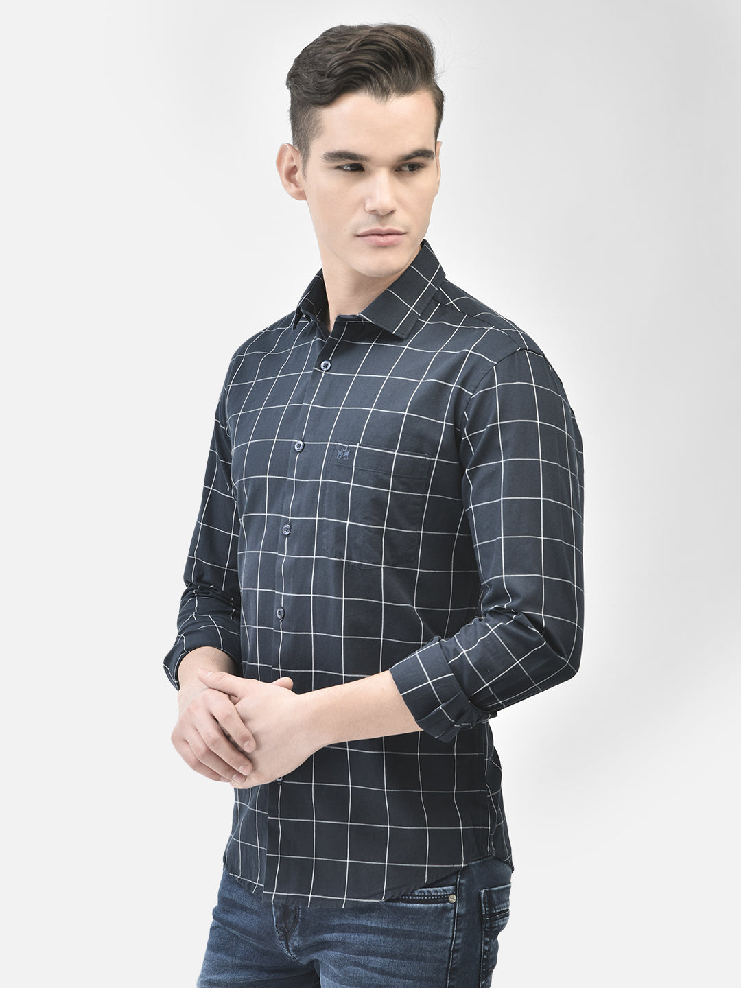 Navy Blue Checked Shirt-Men Shirts-Crimsoune Club