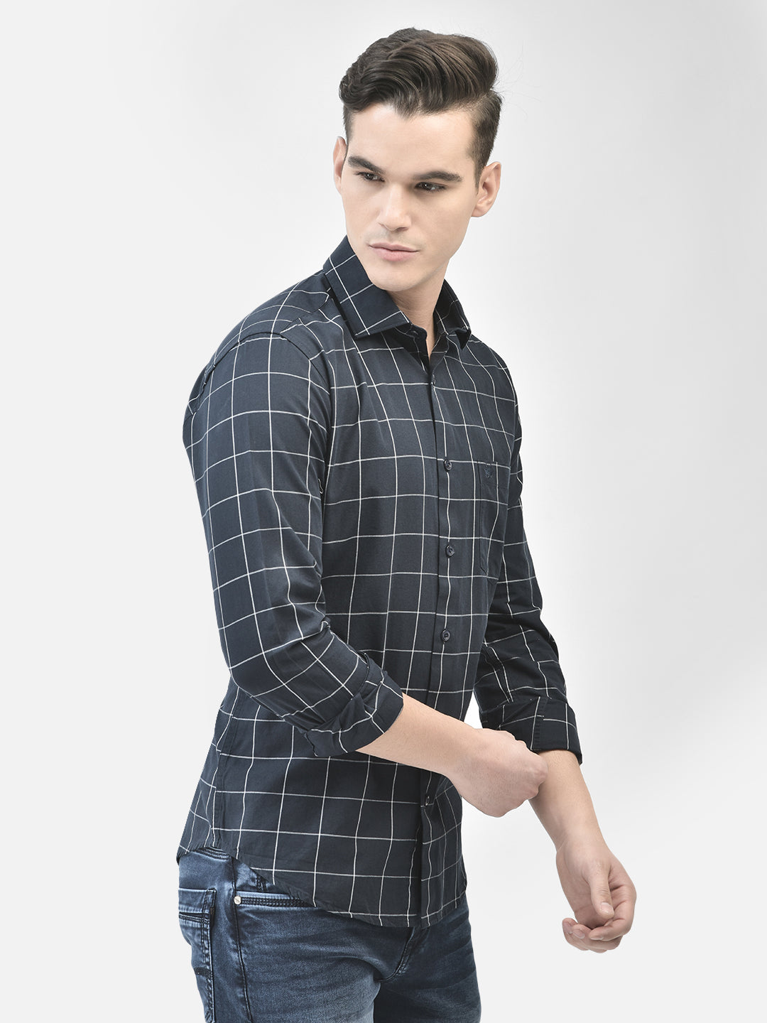 Navy Blue Checked Shirt-Men Shirts-Crimsoune Club