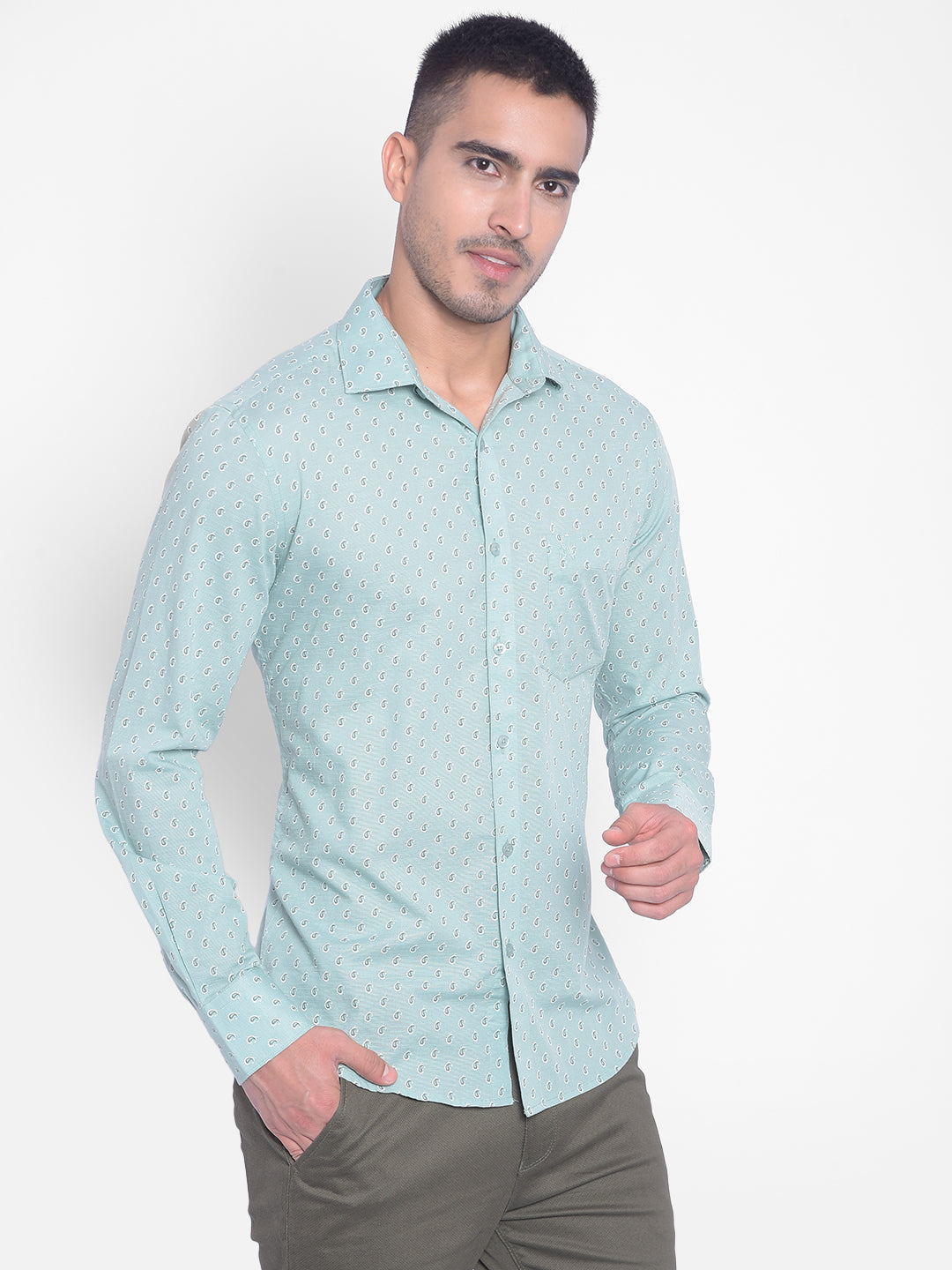 Mint Green Printed Shirt-Men Jeans-Crimsoune Club
