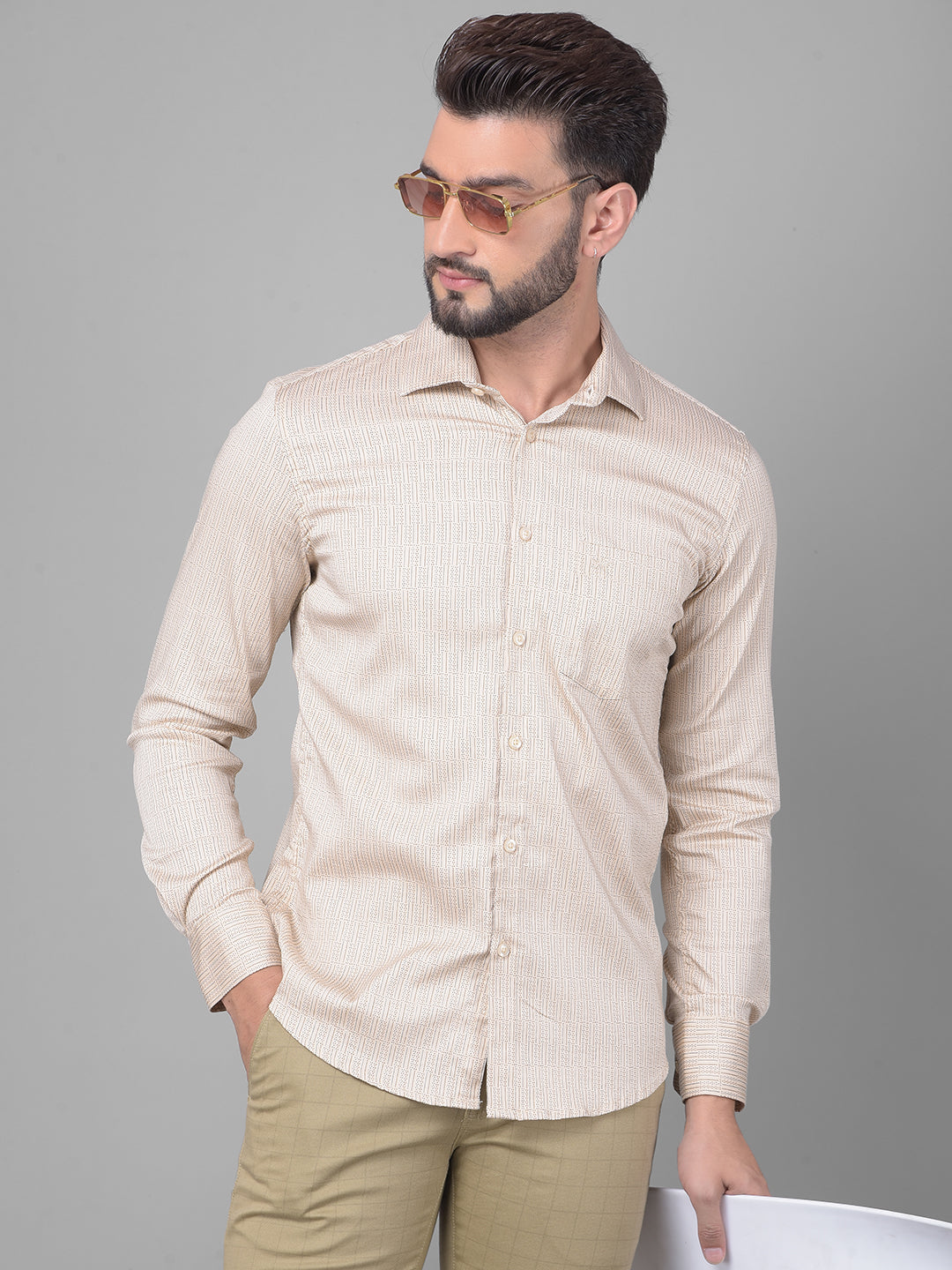 Beige Printed Shirt-Men Shirts-Crimsoune Club