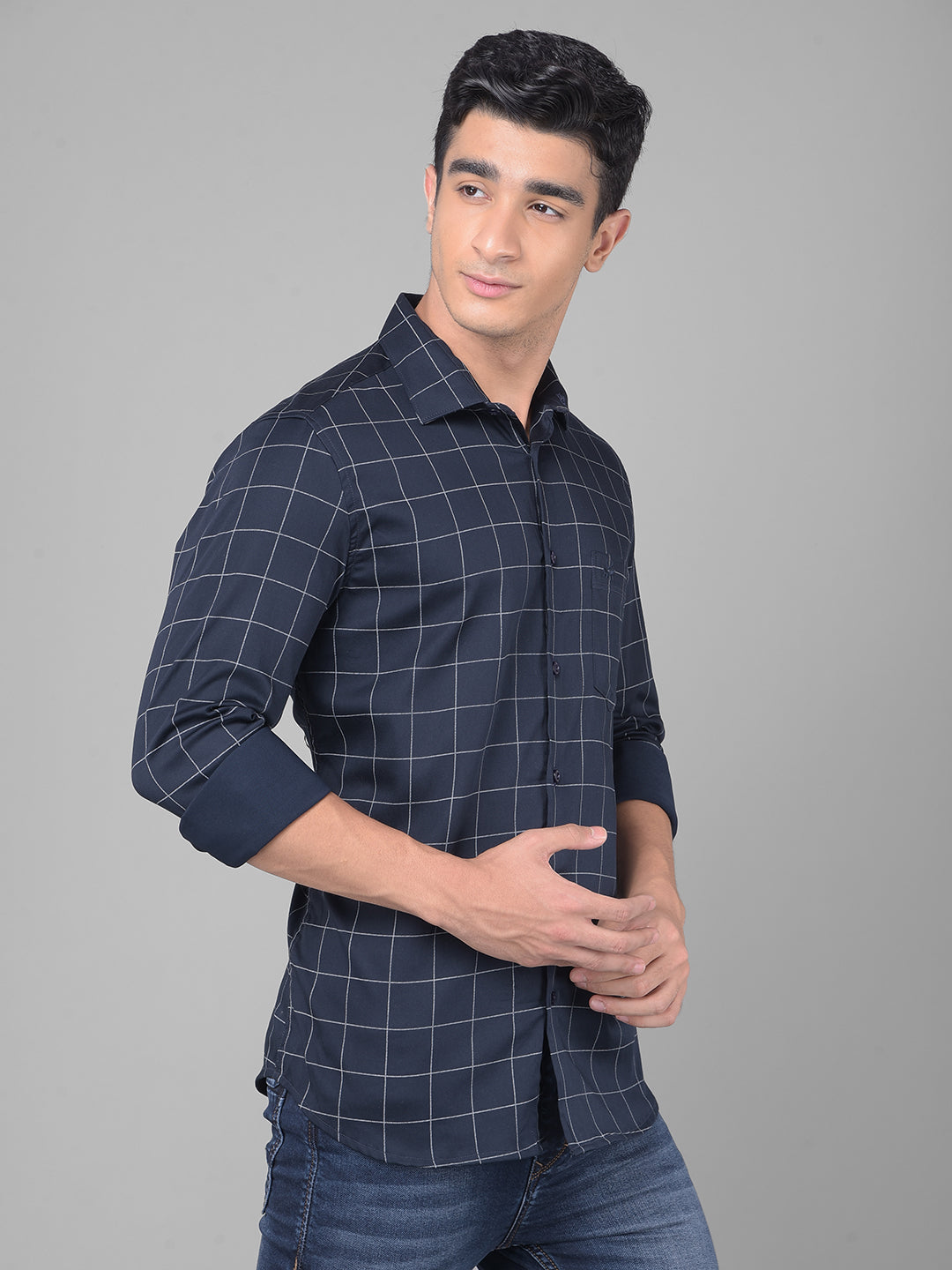 Navy Blue Checked Shirt-Men Shirts-Crimsoune Club