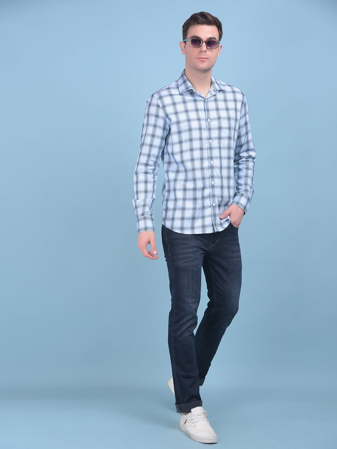 Blue Tartan Check 100% Cotton Shirt-Men Shirts-Crimsoune Club