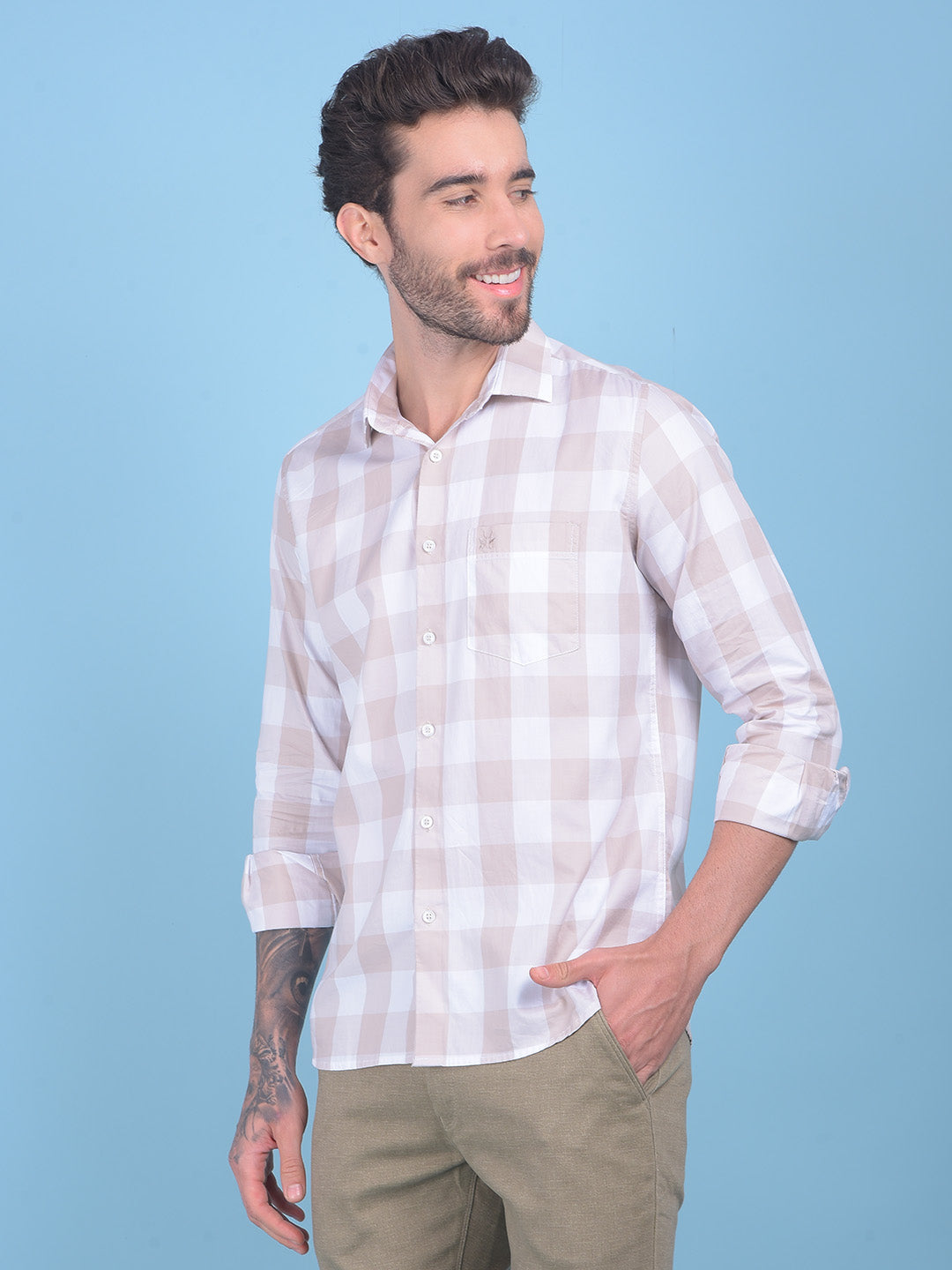 Beige Checks Shirt-Men Shirts-Crimsoune Club