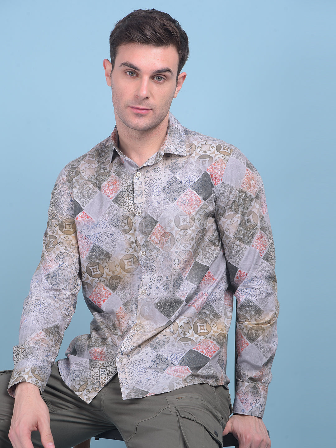 Printed Grey 100% Cotton Shirt-Men Shirts-Crimsoune Club