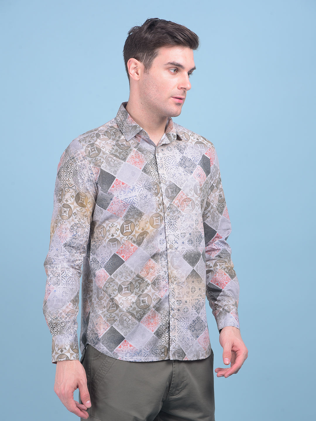 Printed Grey 100% Cotton Shirt-Men Shirts-Crimsoune Club