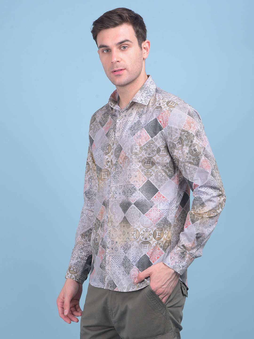 Printed Grey 100% Cotton Shirt-Men Shirts-Crimsoune Club