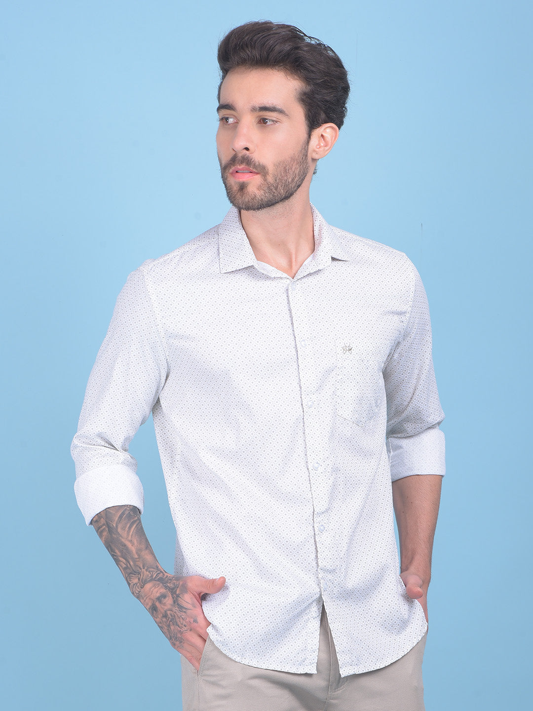 Printed Beige 100% Cotton Shirt-Men Shirts-Crimsoune Club