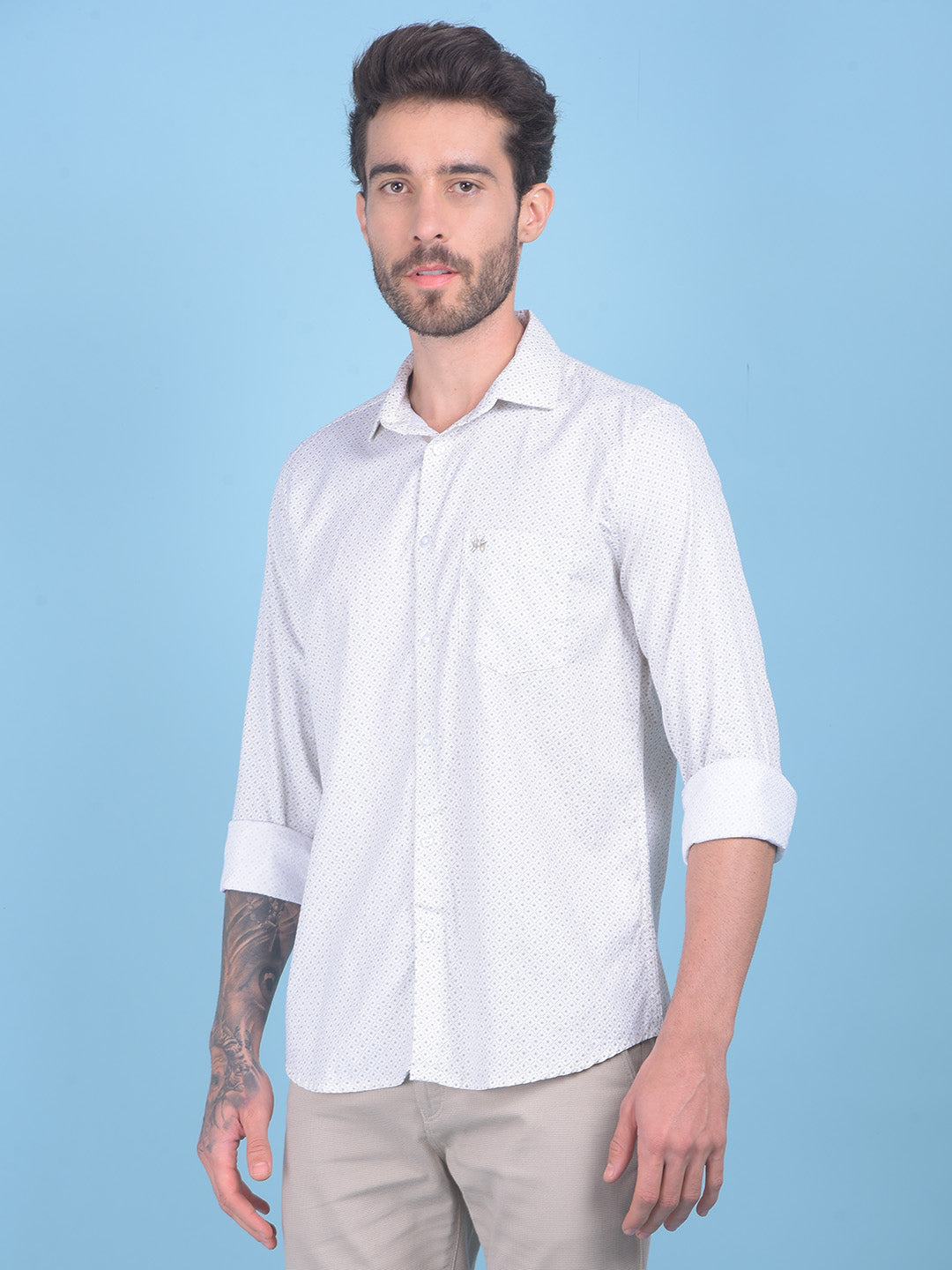 Printed Beige 100% Cotton Shirt-Men Shirts-Crimsoune Club