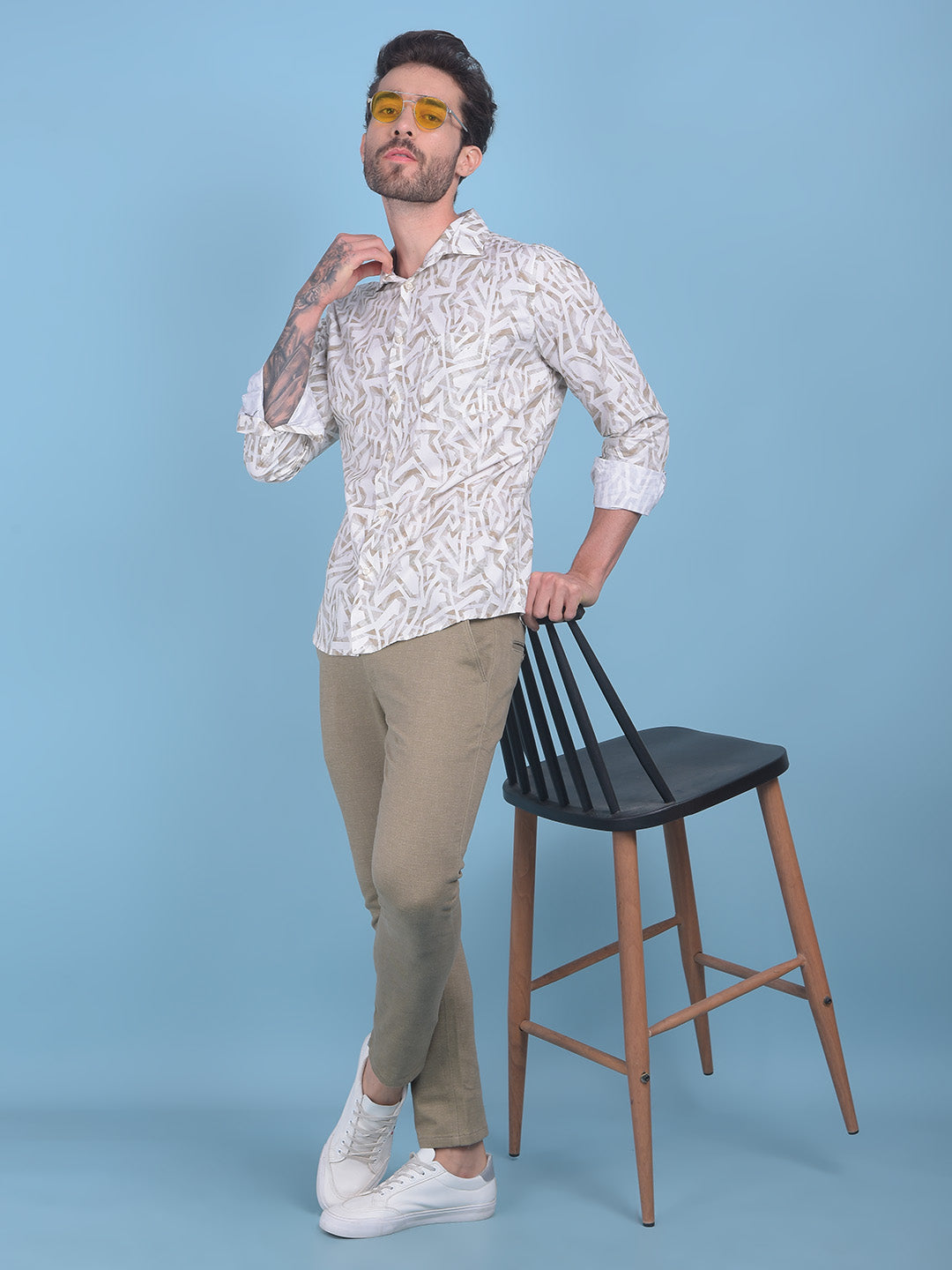 Printed Beige 100% Cotton Shirt-Men Shirts-Crimsoune Club