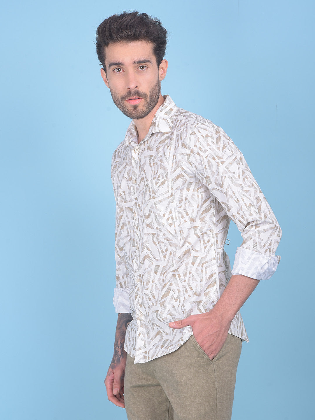 Printed Beige 100% Cotton Shirt-Men Shirts-Crimsoune Club